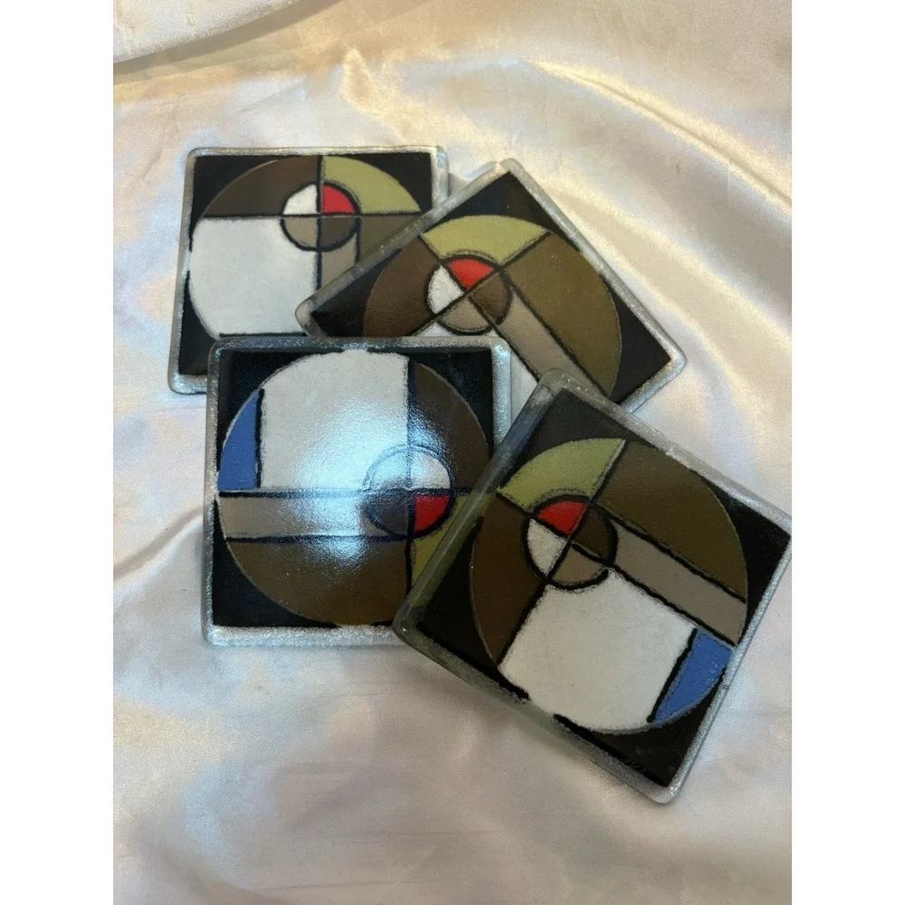 Frank Lloyd Wright Inspired Design Art Glass Signed Coasters Set 4